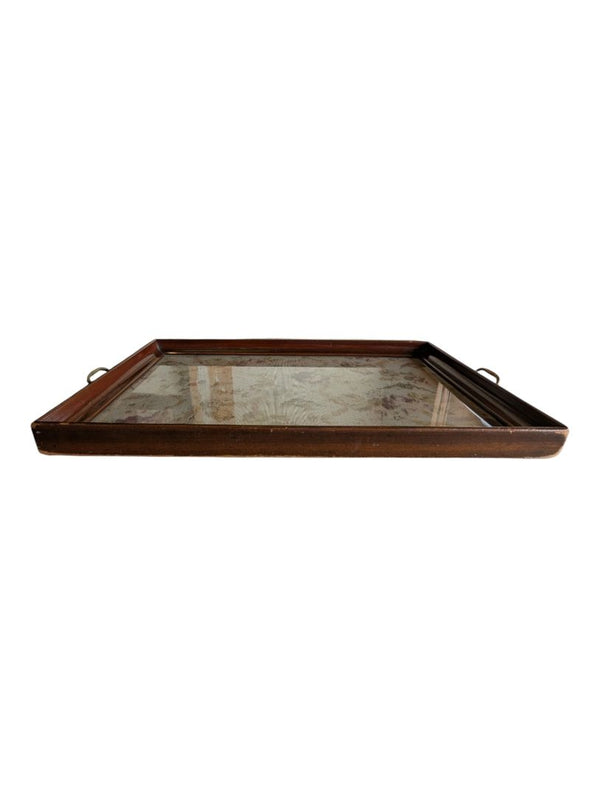 Vintage Wood-Framed Floral Glass Serving Tray