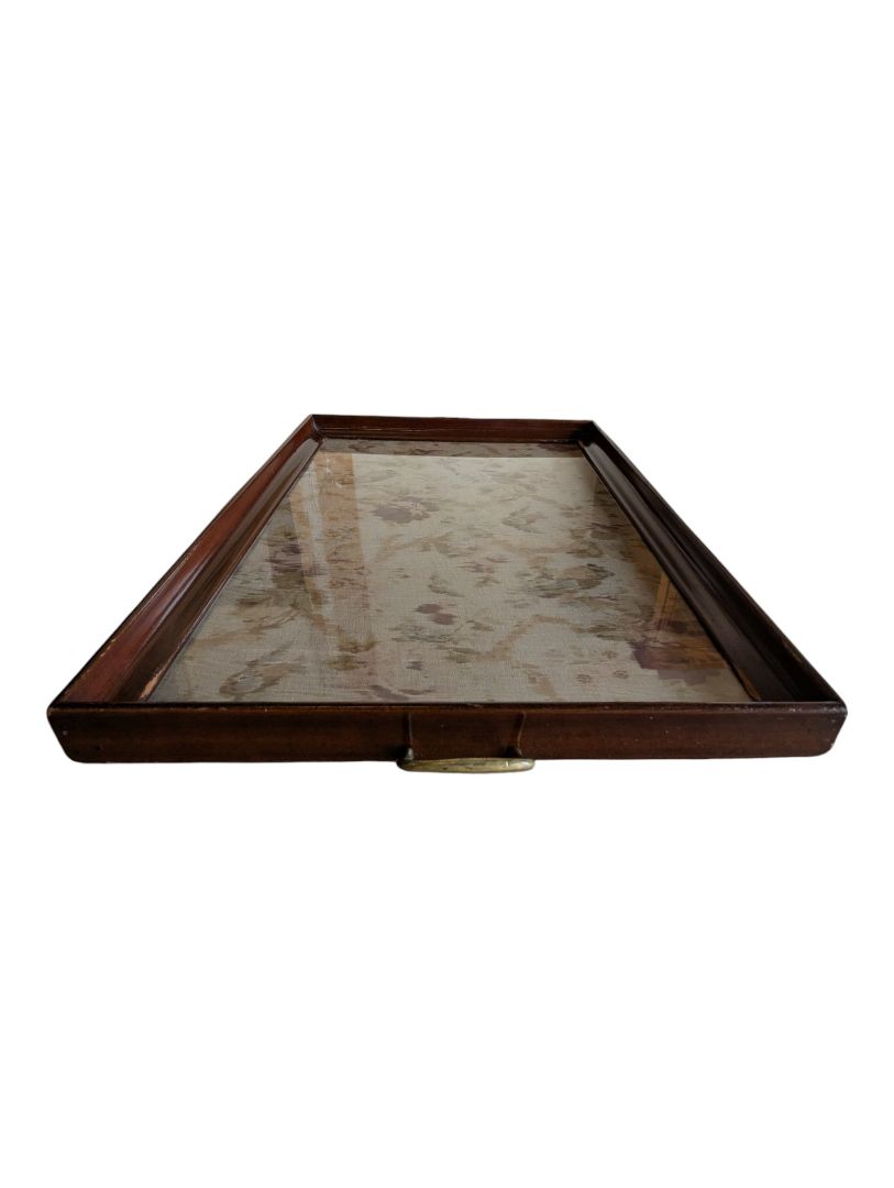 Vintage Wood-Framed Floral Glass Serving Tray