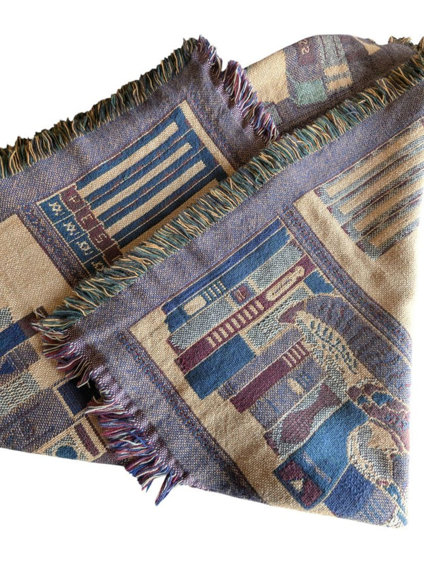Vintage Library Bookshelf Tapestry Throw Blanket