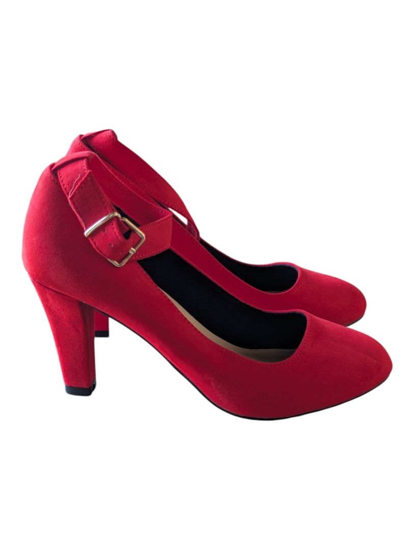 Red Faux-Suede Ankle-Strap Pumps – Women’s Size 37