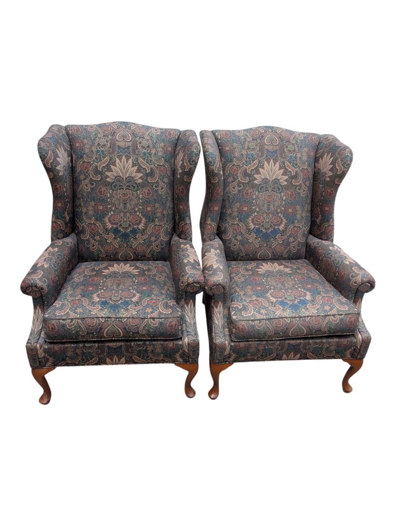 Pair of Traditional Paisley Wingback Armchairs