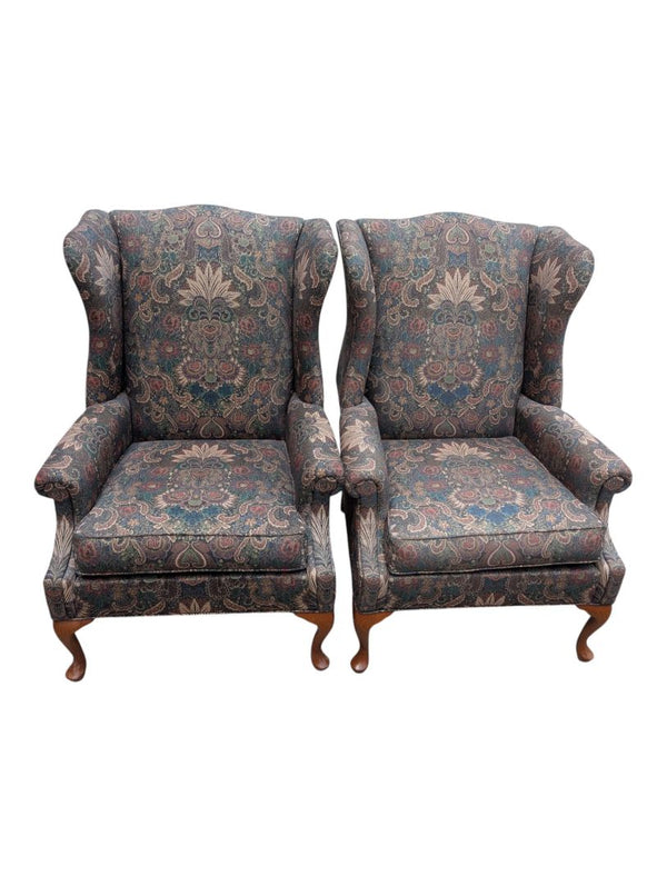Pair of Traditional Paisley Wingback Armchairs