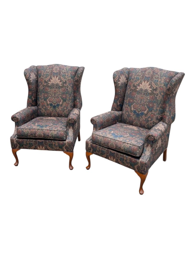 Pair of Traditional Paisley Wingback Armchairs