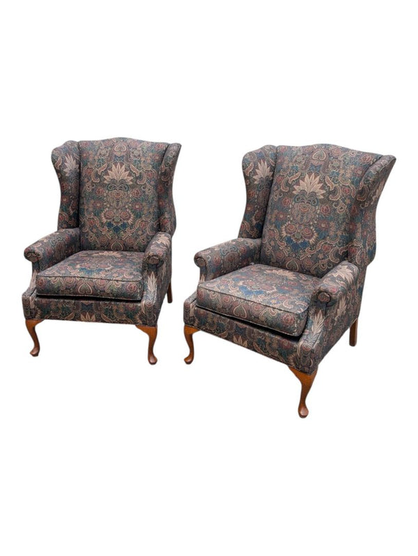 Pair of Traditional Paisley Wingback Armchairs