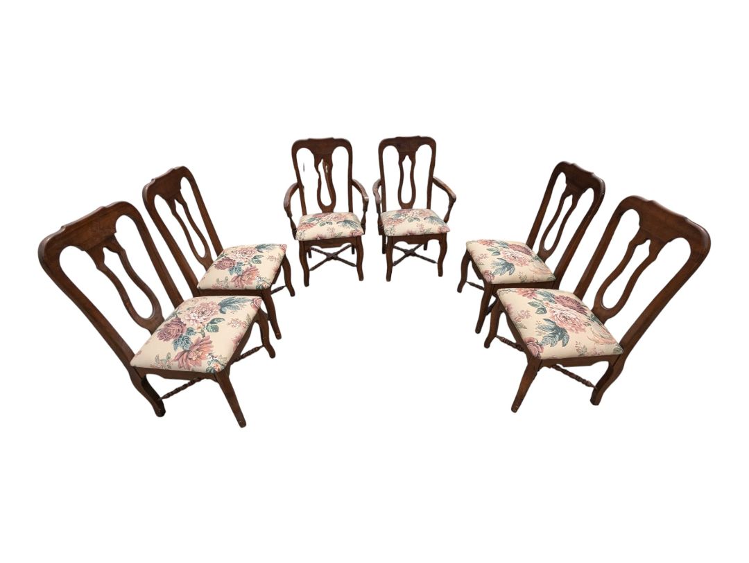 Set of 6 Traditional Wood Dining Chairs with Floral Upholstered Seats