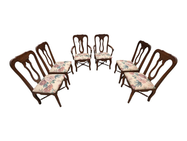 Set of 6 Traditional Wood Dining Chairs with Floral Upholstered Seats