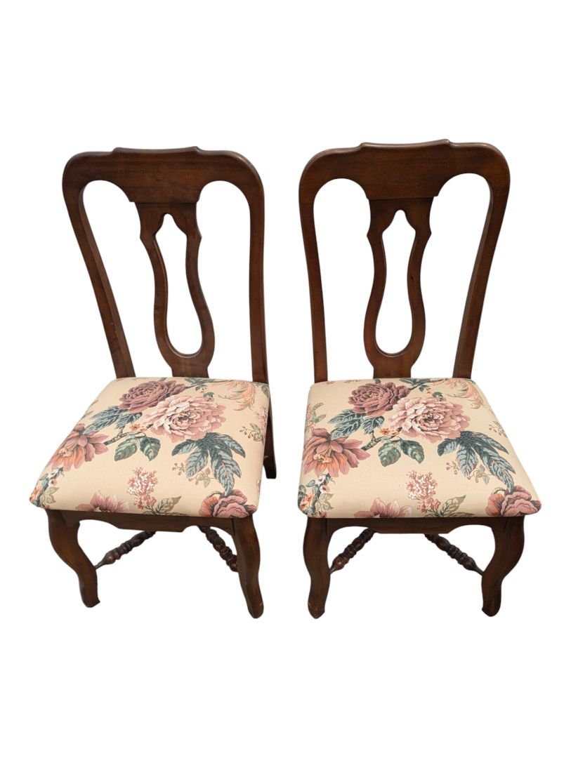 Set of 6 Traditional Wood Dining Chairs with Floral Upholstered Seats