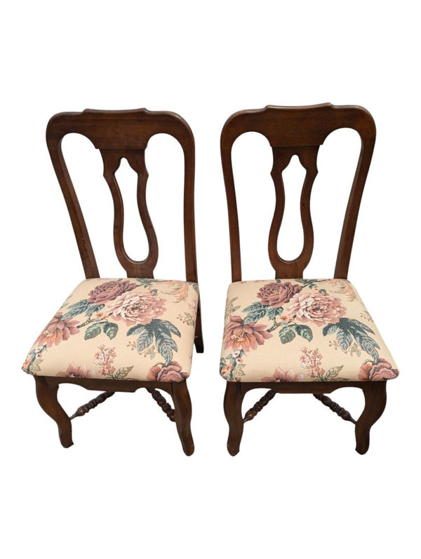 Set of 6 Traditional Wood Dining Chairs with Floral Upholstered Seats