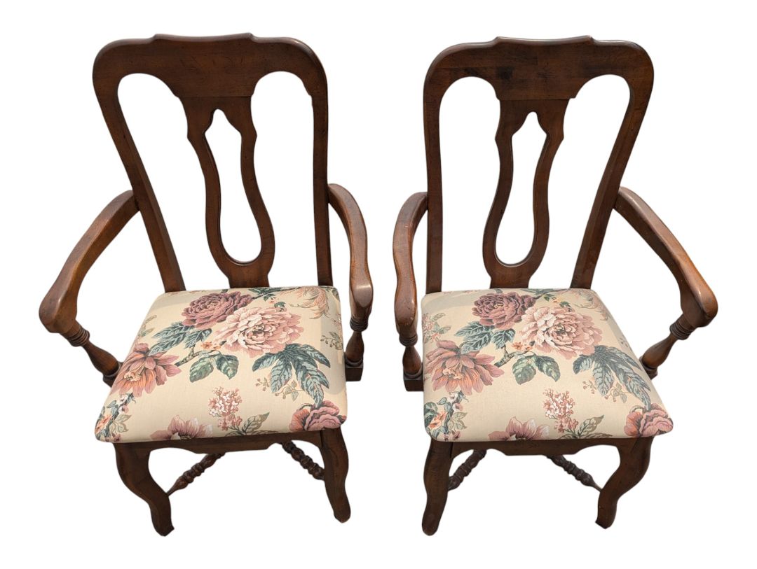 Set of 6 Traditional Wood Dining Chairs with Floral Upholstered Seats
