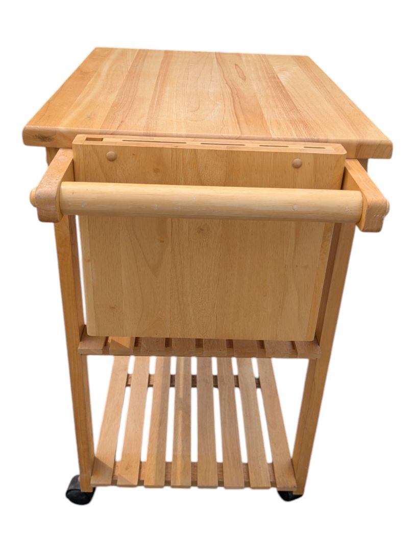 Wooden Rolling Kitchen Cart with Butcher Block Top, Knife Storage & Shelves