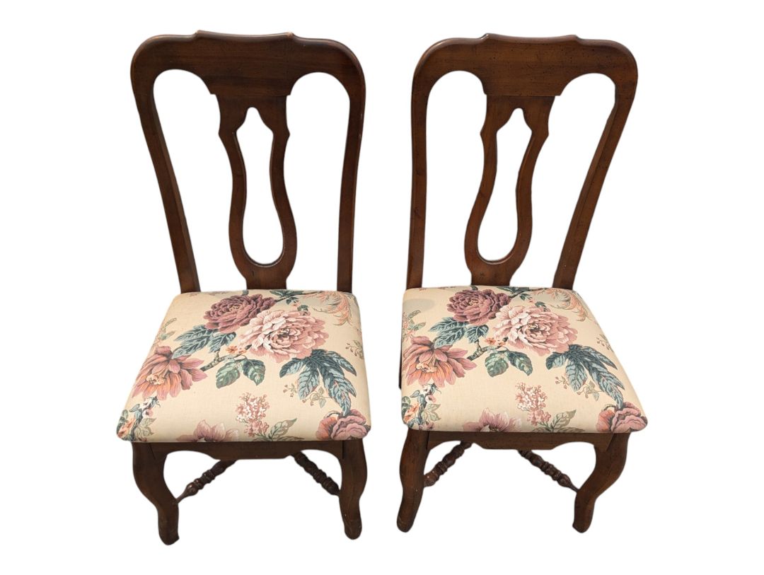 Set of 6 Traditional Wood Dining Chairs with Floral Upholstered Seats