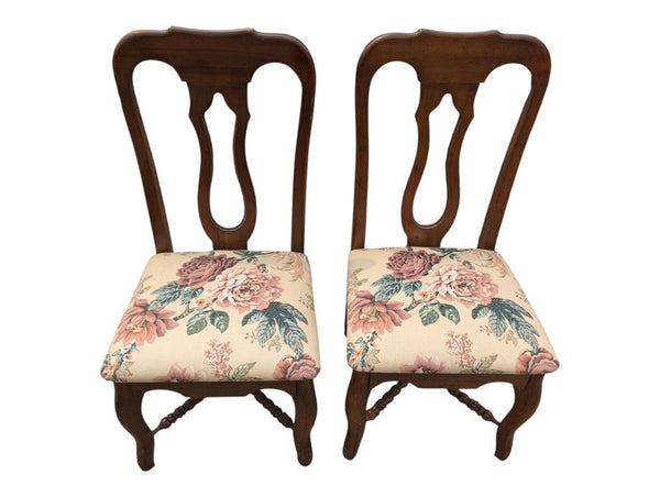 Set of 6 Traditional Wood Dining Chairs with Floral Upholstered Seats