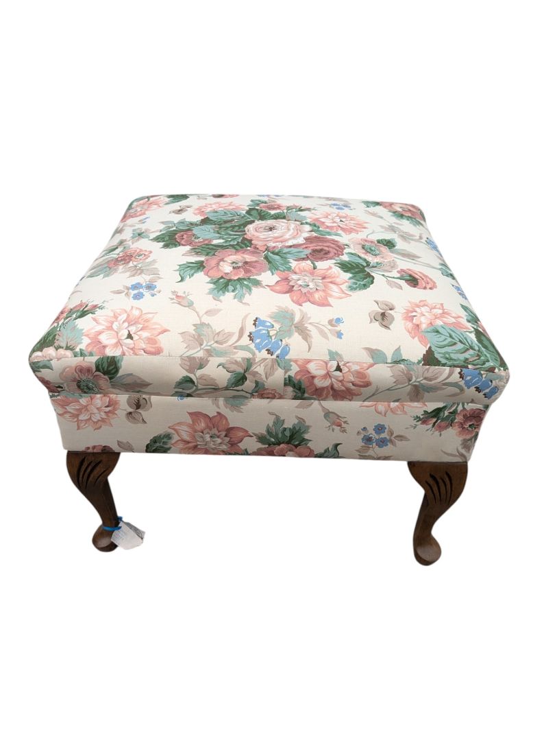 Floral Upholstered Footstool / Ottoman with Carved Wood Legs