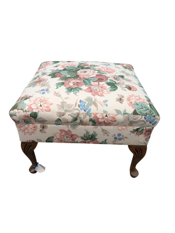Floral Upholstered Footstool / Ottoman with Carved Wood Legs