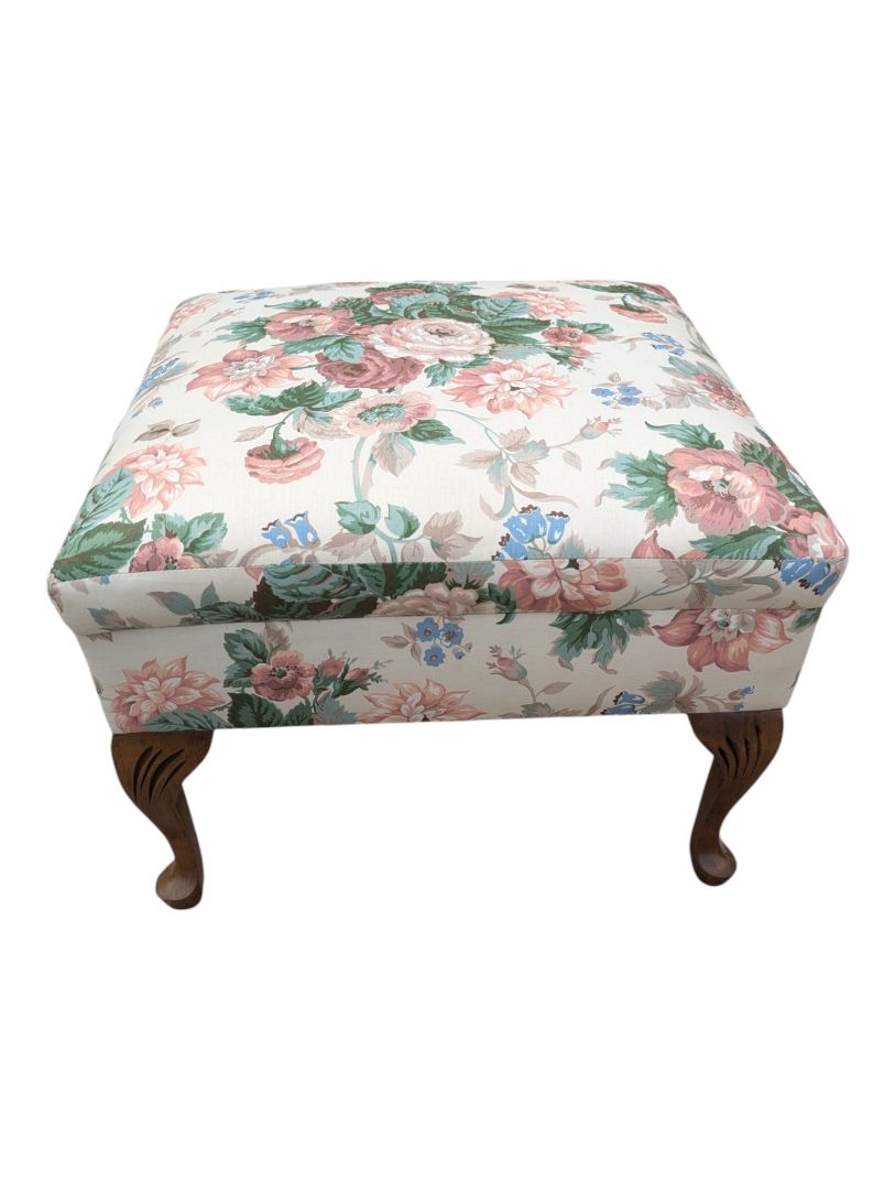 Floral Upholstered Footstool / Ottoman with Carved Wood Legs