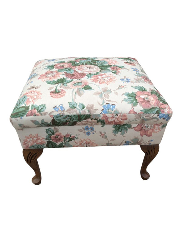 Floral Upholstered Footstool / Ottoman with Carved Wood Legs