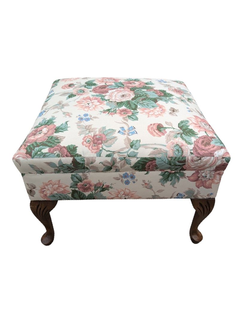 Floral Upholstered Footstool / Ottoman with Carved Wood Legs