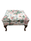 Floral Upholstered Footstool / Ottoman with Carved Wood Legs