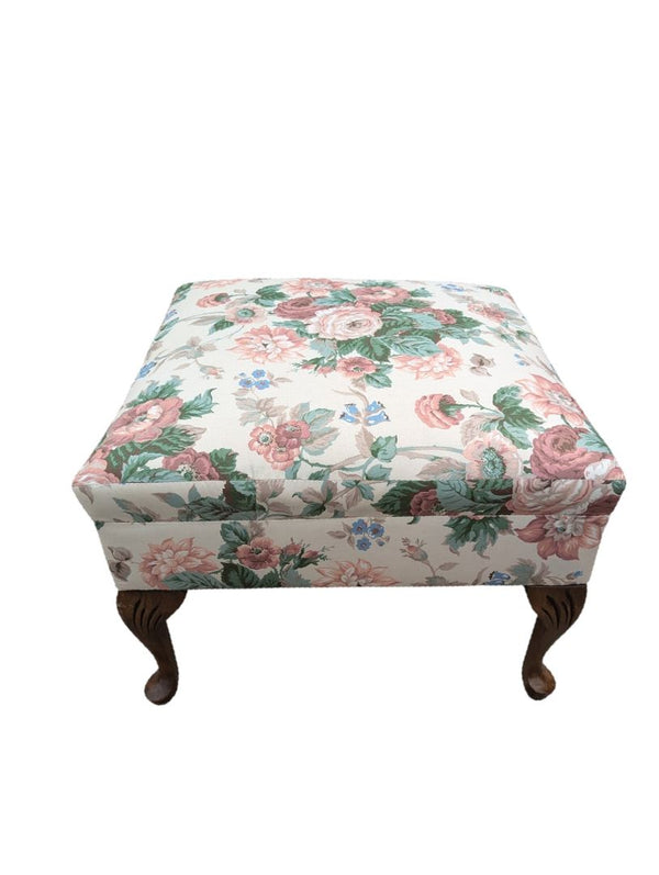 Floral Upholstered Footstool / Ottoman with Carved Wood Legs