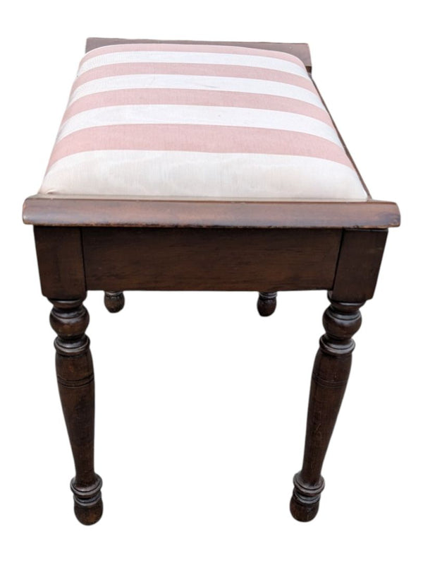 Vintage Wood Upholstered Piano / Vanity Bench with Pink & White Striped Seat
