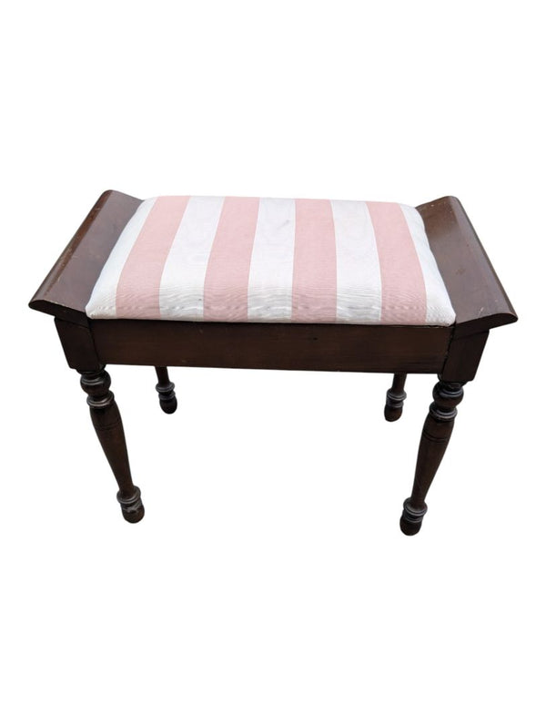 Vintage Wood Upholstered Piano / Vanity Bench with Pink & White Striped Seat