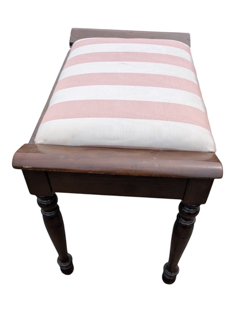 Vintage Wood Upholstered Piano / Vanity Bench with Pink & White Striped Seat