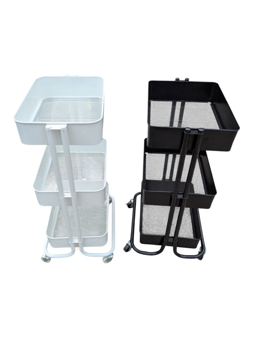 Set of Two Three-Tier Metal Rolling Utility Carts – Black & White