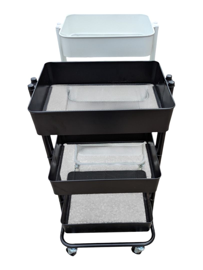 Set of Two Three-Tier Metal Rolling Utility Carts – Black & White