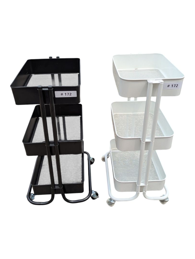Set of Two Three-Tier Metal Rolling Utility Carts – Black & White