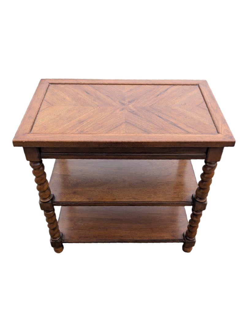 Vintage Two-Tier Barley Twist End Table with Parquetry Top