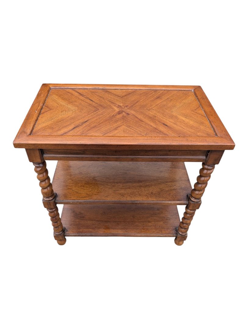 Vintage Two-Tier Barley Twist End Table with Parquetry Top