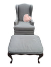 Traditional Grey Wingback Armchair with Matching Ottoman