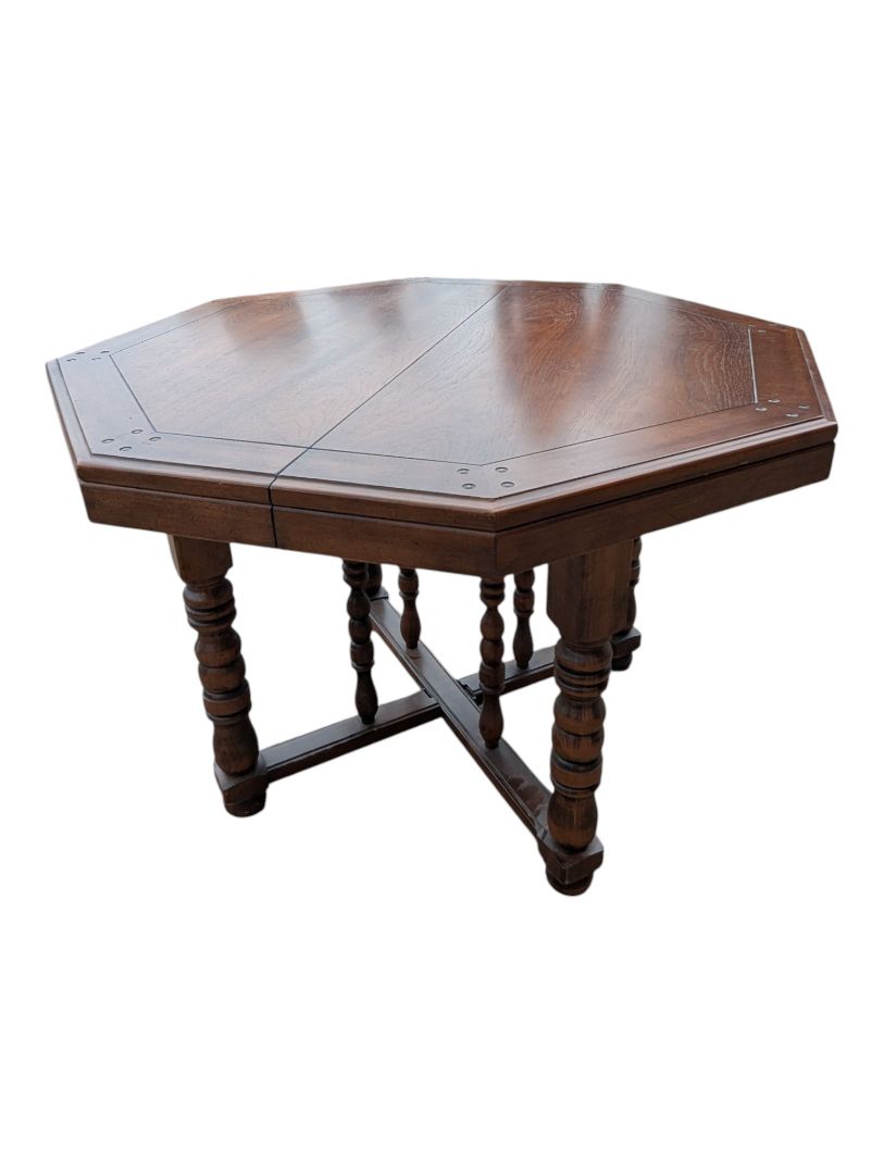 Vintage Octagonal Extendable Wood Dining / Game Table with External Leaf