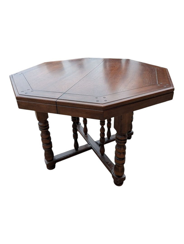 Vintage Octagonal Extendable Wood Dining / Game Table with External Leaf