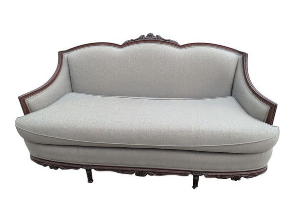 Traditional Carved Wood Frame Sofa with Light Damask Upholstery