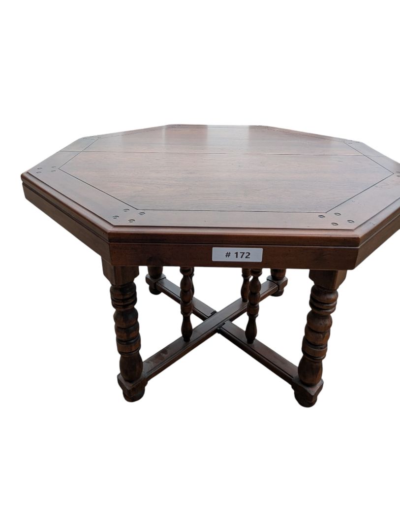Vintage Octagonal Extendable Wood Dining / Game Table with External Leaf