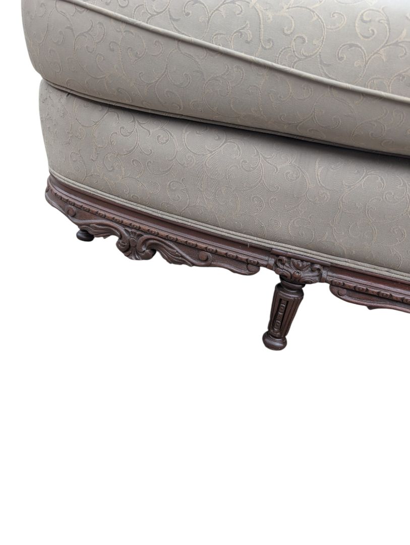 Traditional Carved Wood Frame Sofa with Light Damask Upholstery