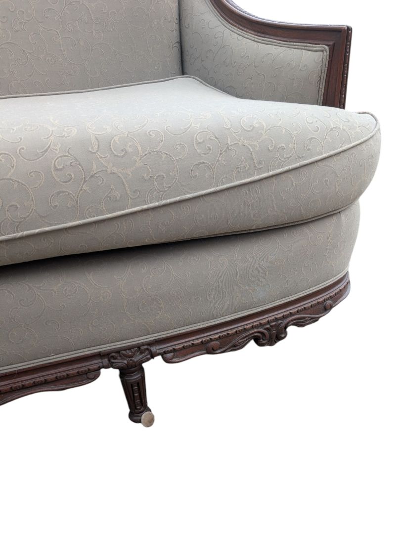 Traditional Carved Wood Frame Sofa with Light Damask Upholstery