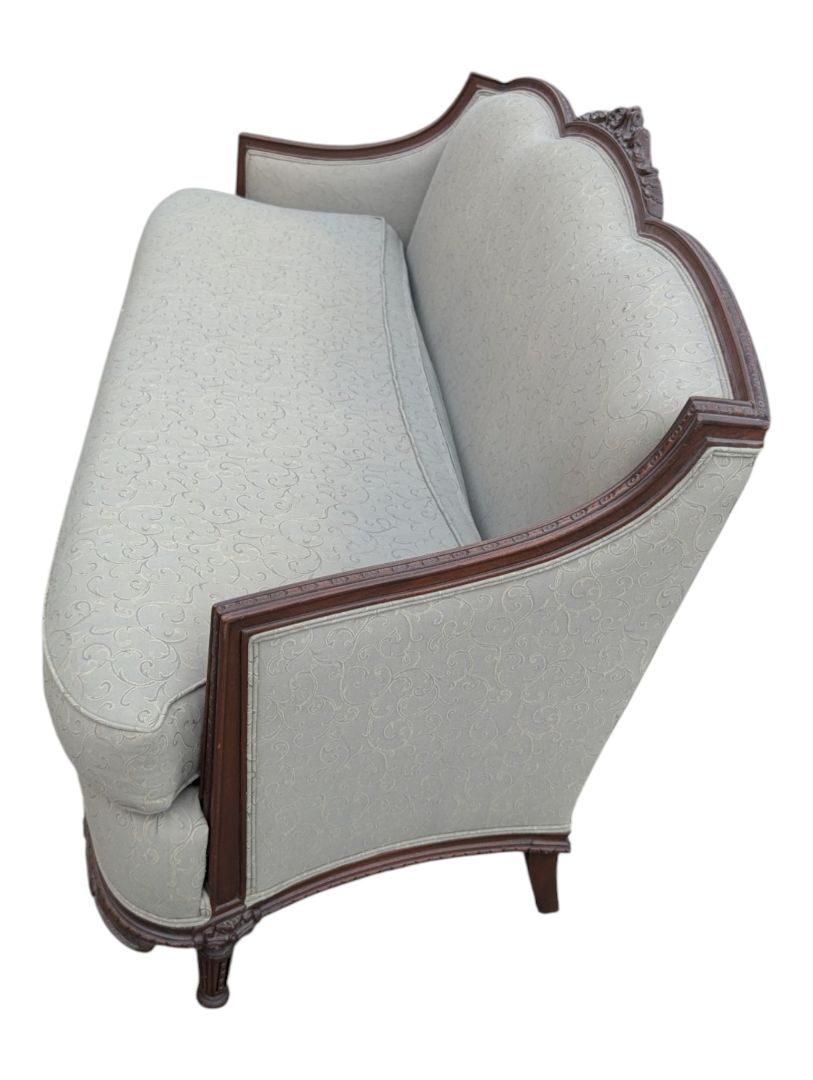 Traditional Carved Wood Frame Sofa with Light Damask Upholstery