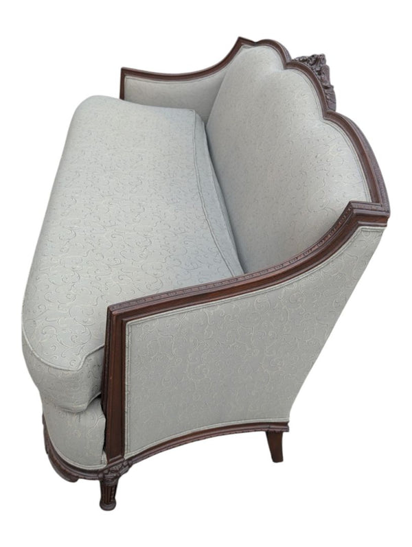 Traditional Carved Wood Frame Sofa with Light Damask Upholstery