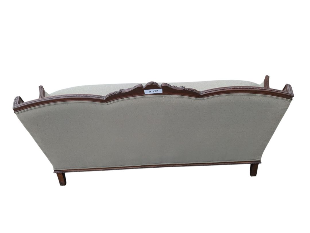 Traditional Carved Wood Frame Sofa with Light Damask Upholstery