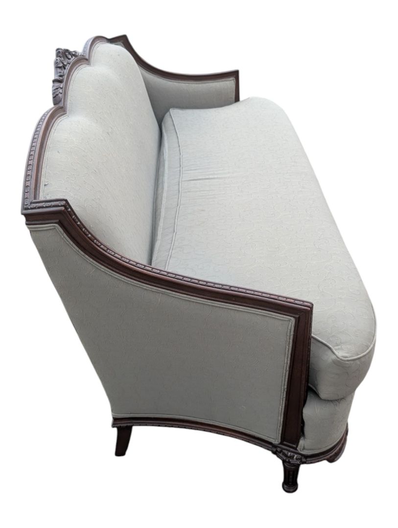Traditional Carved Wood Frame Sofa with Light Damask Upholstery