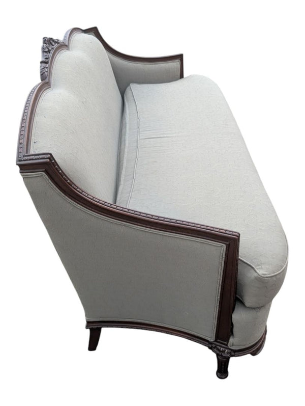 Traditional Carved Wood Frame Sofa with Light Damask Upholstery