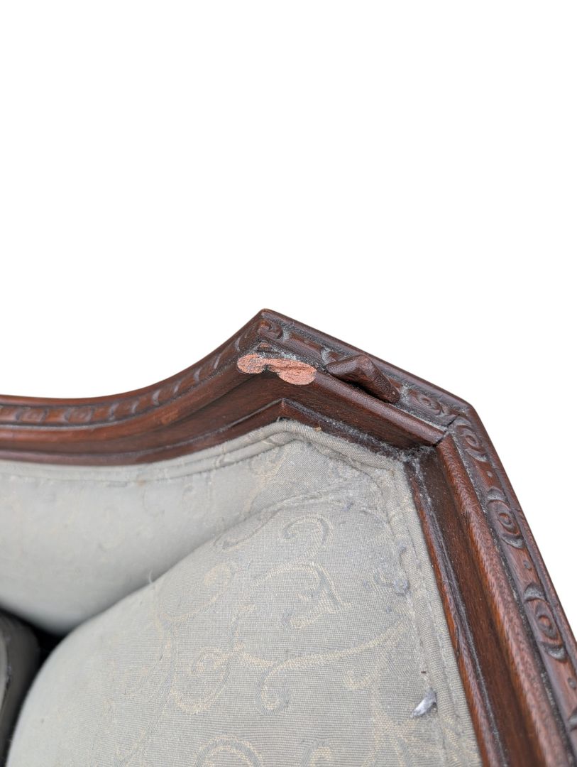 Traditional Carved Wood Frame Sofa with Light Damask Upholstery