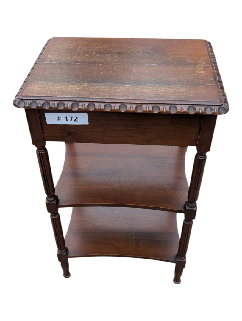 Vintage Two-Tier Wood Side Table with Drawer & Carved Edge