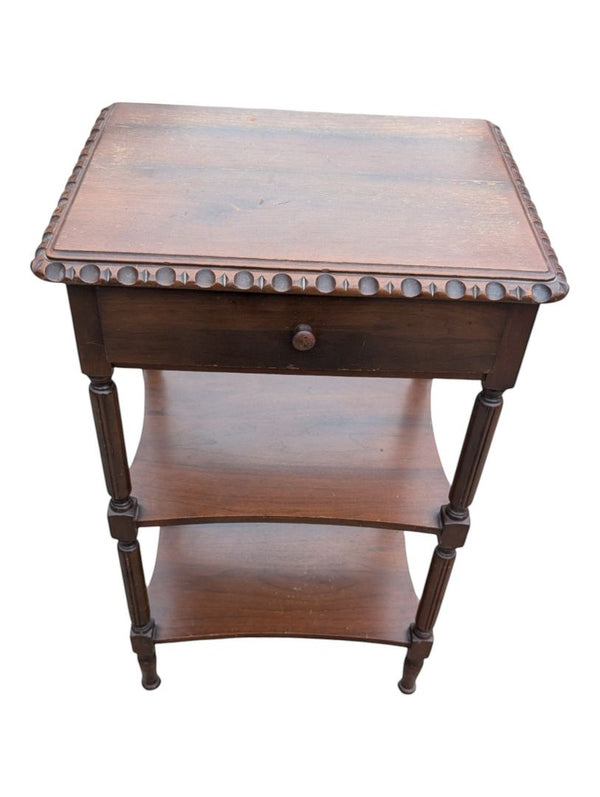 Vintage Two-Tier Wood Side Table with Drawer & Carved Edge