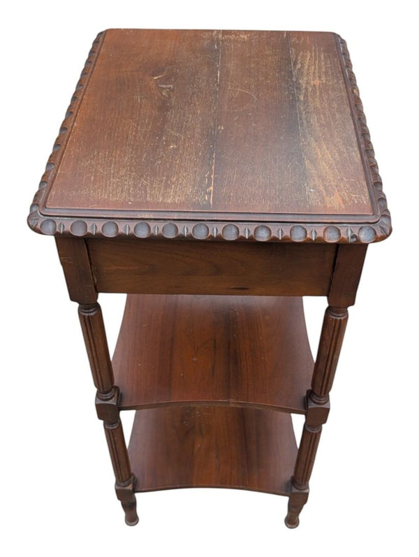 Vintage Two-Tier Wood Side Table with Drawer & Carved Edge