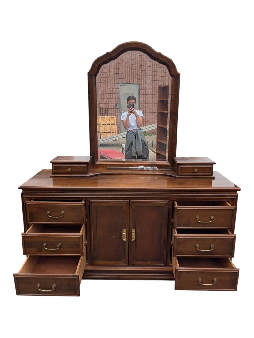 Vintage Wood Dresser with Arched Mirror & Cabinet Storage