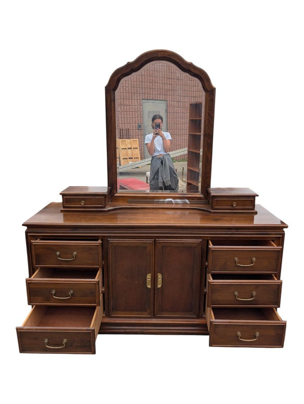 Vintage Wood Dresser with Arched Mirror & Cabinet Storage