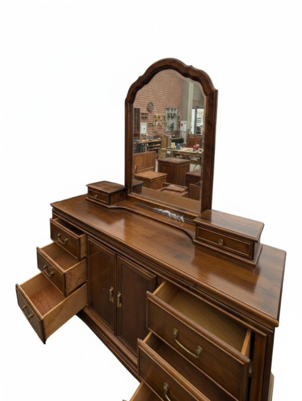 Vintage Wood Dresser with Arched Mirror & Cabinet Storage